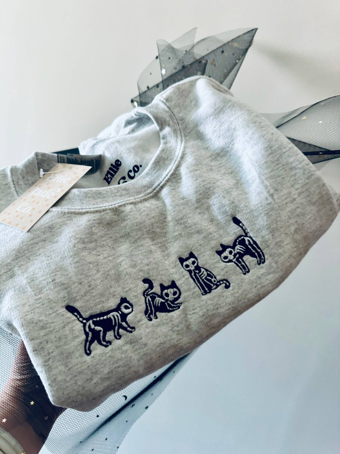 Ellie Jade Co Skelly Cat Crewneck Sweatshirt | Unisex Ash Gildan Graphic Sweatshirt - Witch by Weekend