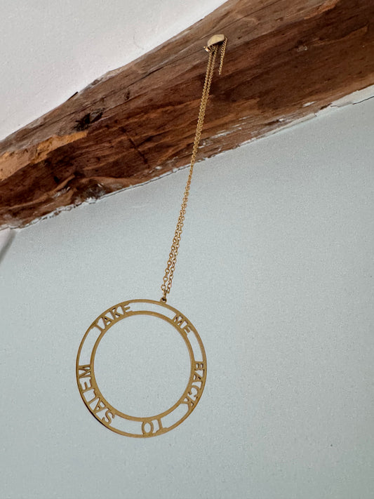 Baubles Baubles — Take Me Back to Salem Circle Necklace – Gold (Block Letter Version) - Witch by Weekend 