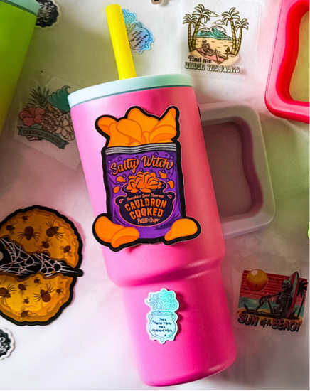 24oz Neon Pink Tumbler with Spooky Sticker Sets (DIY)